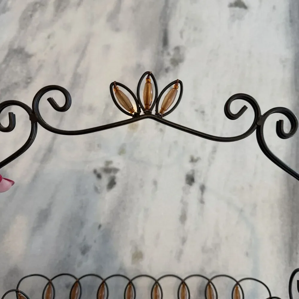 Pier 1 Wrought Iron Orange Beaded Basket Centerpiece With Handle Scalloped